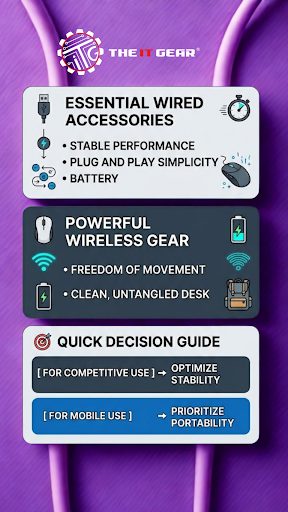 Infographic comparing wireless vs wired mouse features including latency, battery life, gaming performance, portability, and pricing