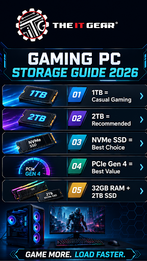 Gaming PC storage comparison infographic showing 1TB vs 2TB SSD capacity, game storage requirements, PCIe Gen 4 SSD benefits, and gaming storage recommendations for 2026