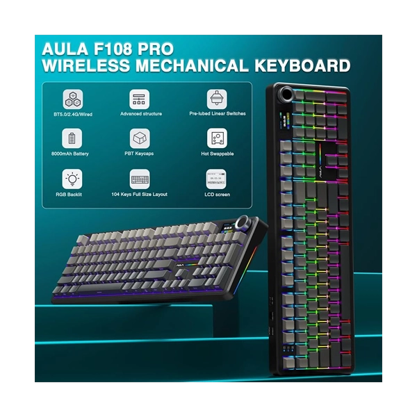 Aula F108PROGRN Full Size Wireless RGB Mechanical Gradient Grey Reaper Switch Gaming Keyboard image 5