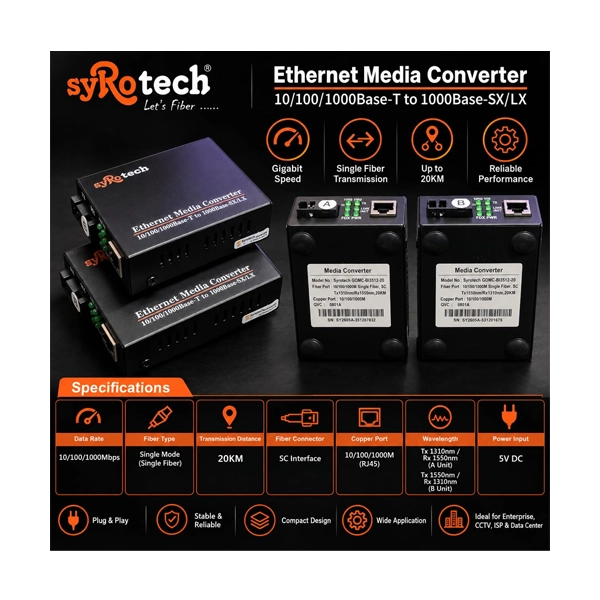 Syrotech GOMC-BI3512-20 & GOMC-BI5312-20 Gigabit BiDi Media Converter Pair, 10/100/1000Mbps, Single-Mode SC Fiber, 20km image 5